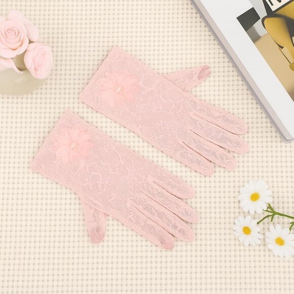 Women's Embroidery Light Pink Short Lace Wrist Gloves Design Party Accessories - Picture 4 of 7